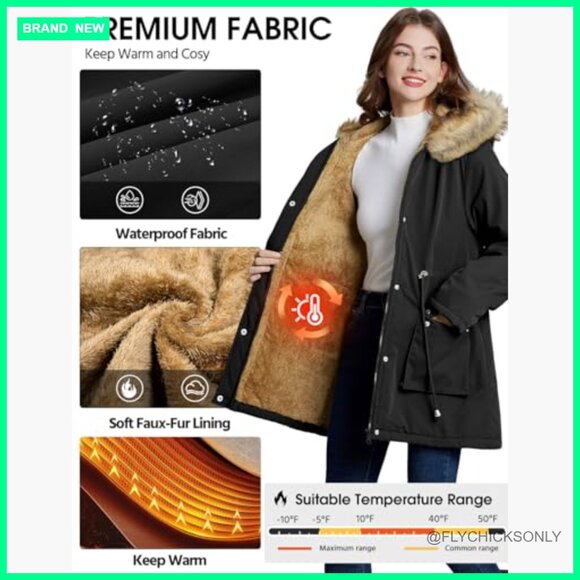 Fleece Lined Parka Jacket Hooded Warm Thicken Coat With Fur Hood - Picture 3 of 7